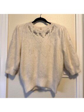 VTG 70's White Angora Embroidered Beaded 3/4 Length Sleeve Sweater Sz S/M